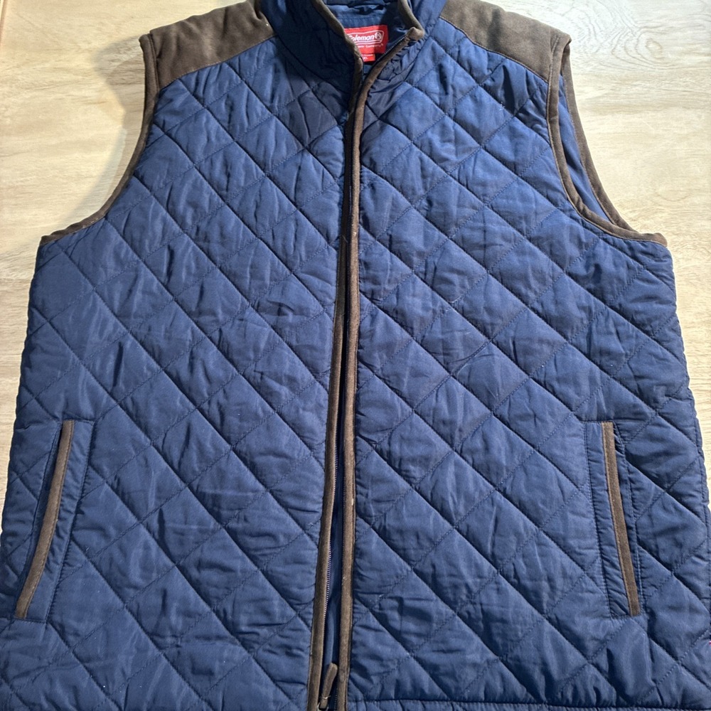 Coleman Men's Quilted Vest Blue With‎ Brown Trim Full Zip Lightweight XL